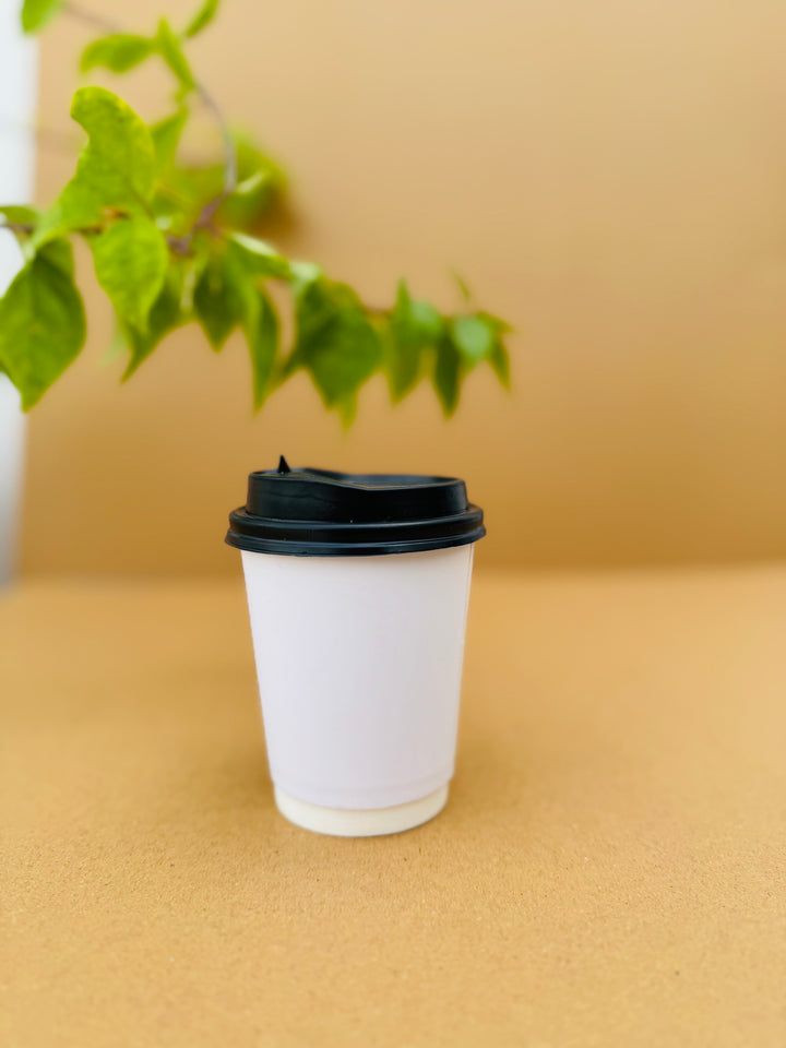 8 ounce double wall coffee cup with black lid